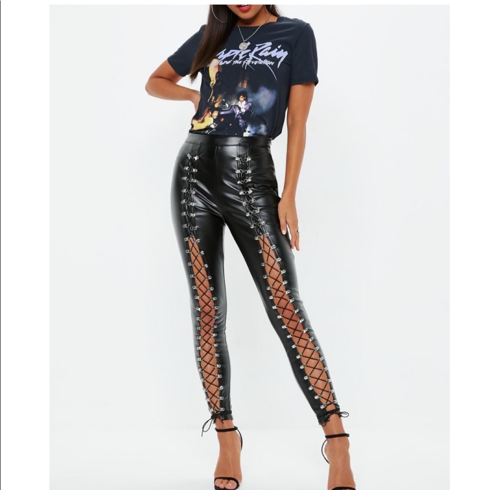 Black faux leather eyelet detail pants